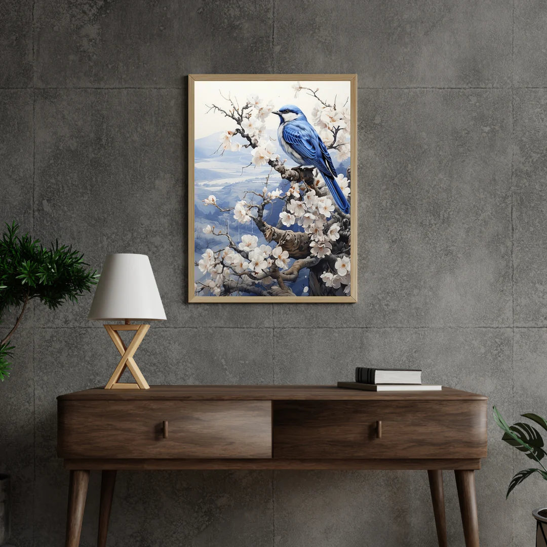 Diamond Painting - Ptak w delftowskim błękicie w zimowym krajobrazie
