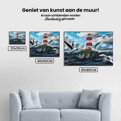 Diamond Painting - Biały i czerwony latarnia morska oraz mewy - SEOS Shop ®