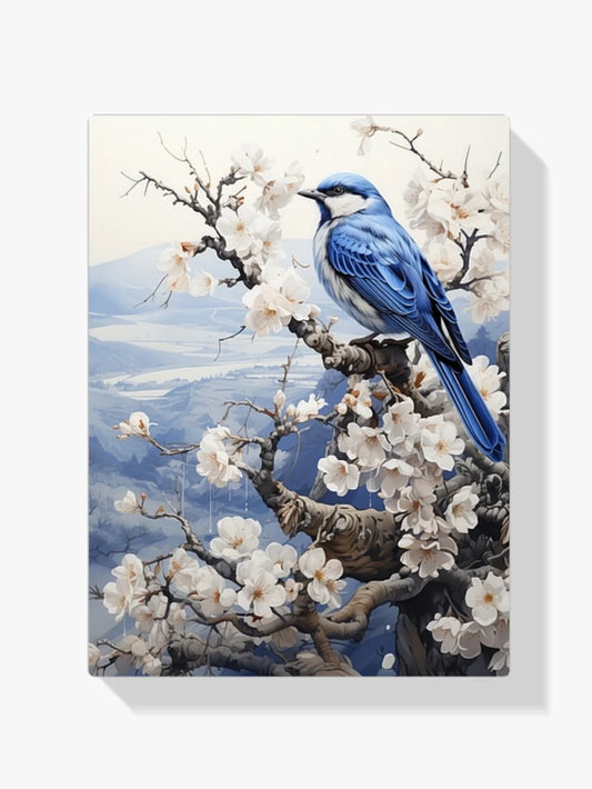 Diamond Painting - Ptak w delftowskim błękicie w zimowym krajobrazie