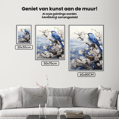 Diamond Painting - Ptak w delftowskim błękicie w zimowym krajobrazie