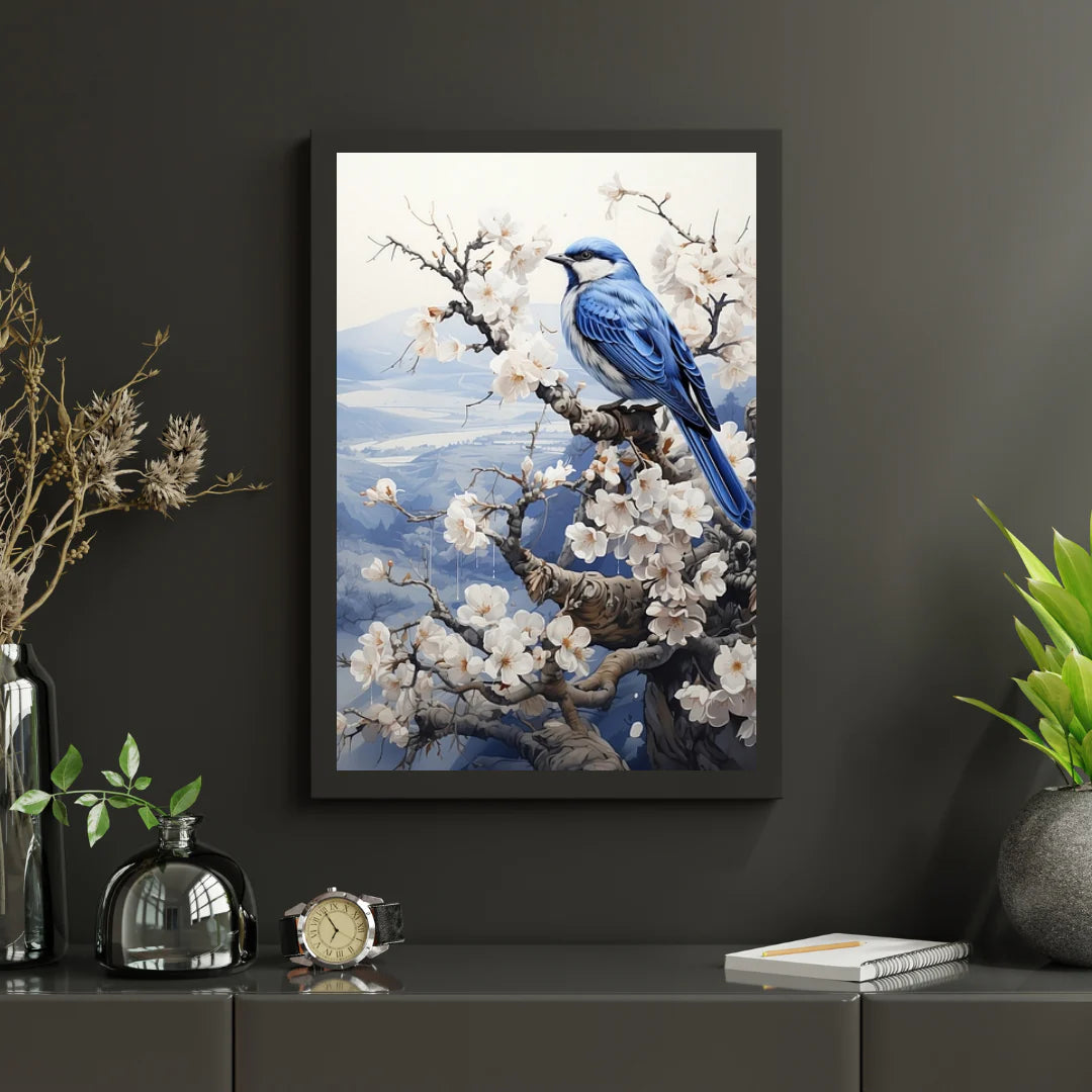 Diamond Painting - Ptak w delftowskim błękicie w zimowym krajobrazie