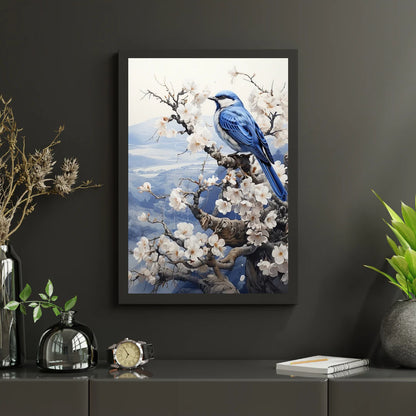Diamond Painting - Ptak w delftowskim błękicie w zimowym krajobrazie