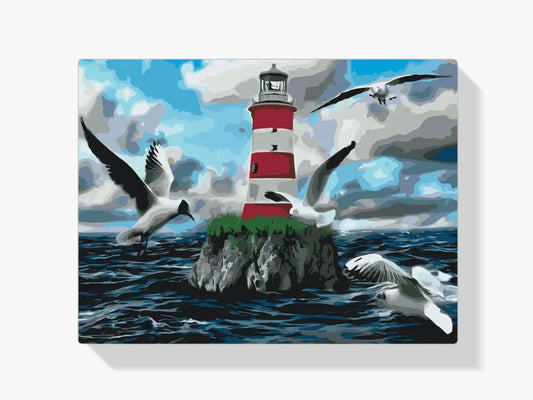 Diamond Painting - Biały i czerwony latarnia morska oraz mewy - SEOS Shop ®