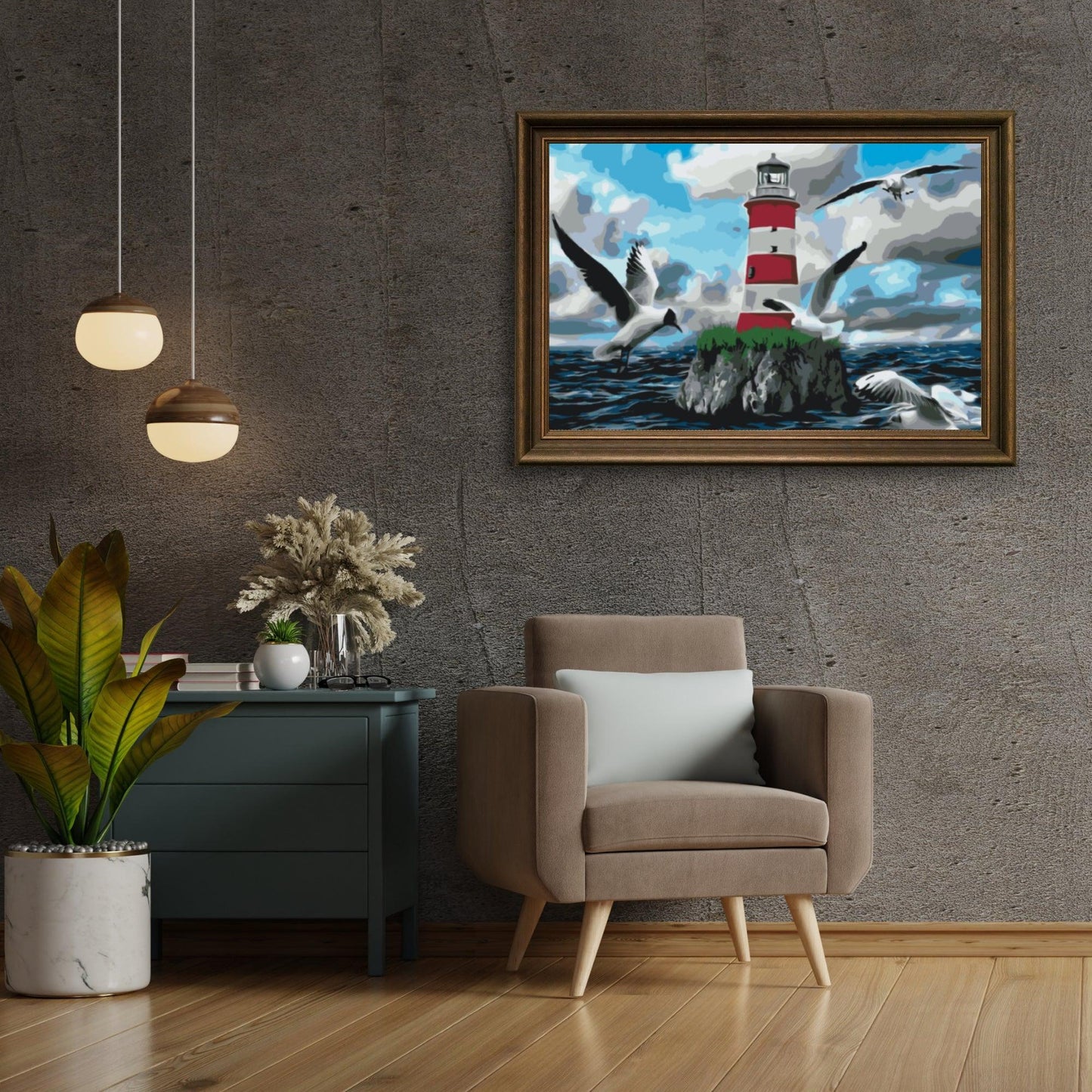 Diamond Painting - Biały i czerwony latarnia morska oraz mewy - SEOS Shop ®