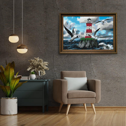 Diamond Painting - Biały i czerwony latarnia morska oraz mewy - SEOS Shop ®
