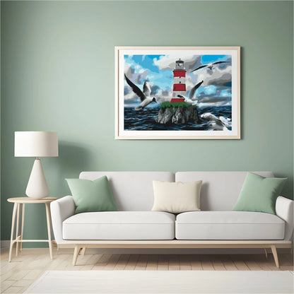Diamond Painting - Biały i czerwony latarnia morska oraz mewy - SEOS Shop ®