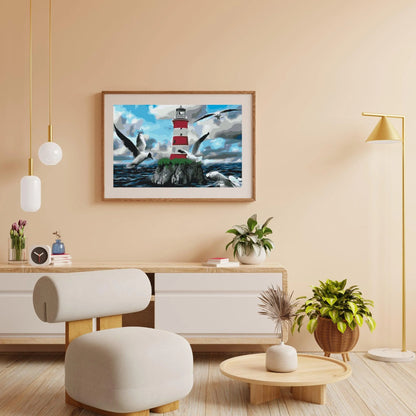 Diamond Painting - Biały i czerwony latarnia morska oraz mewy - SEOS Shop ®