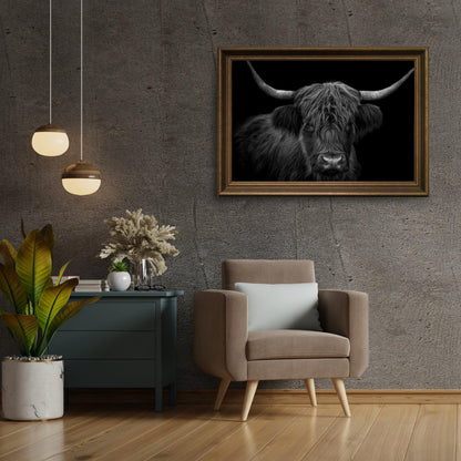 Diamond Painting Szkocki Highlander - Czarnobiałe portret włochatego Szkockiego Highlandera - SEOS Shop ®