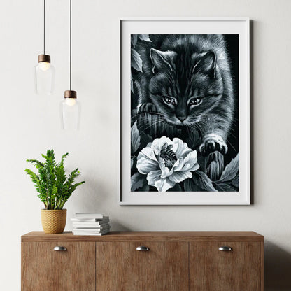 Diamond Painting Czarna kotka z kwiatem i pszczołą - SEOS Shop ®