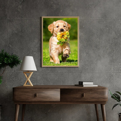 Diamond painting Labrador szczeniak z kwiatem - Pełny - SEOS Shop®