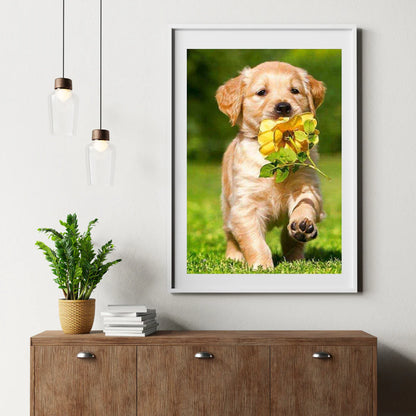 Diamond painting Labrador szczeniak z kwiatem - Pełny - SEOS Shop®